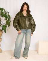 Cropped vegan leather biker jacket