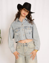 Sparkly cropped raw edge denim jacket