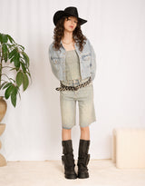 Sparkly cropped raw edge denim jacket