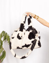 Cow print faux fur tote bag