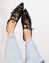 Lace-up buckle slingback pointed patent vegan leather shoes