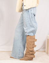 Vegan suede buckle slouch knee high boots