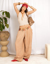 Handcrafted waffle cotton adjustable balloon trousers