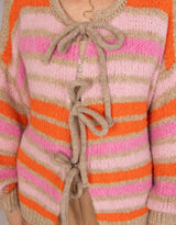 Wool blend front tie striped cardigan