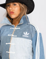 Vintage customized upcycled Adidas frog closure denim patches jacket