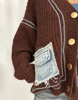 Knit cardigan with denim patch pockets