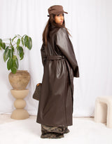 Long faux leather belted coat