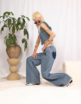 Heart pocket wide leg denim trousers