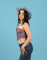 Metallic belted jean top