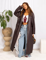 Long faux leather belted coat