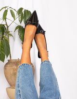 Patent look pointed toe slingback buckle detail kitten heels