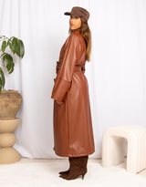 Long faux leather belted coat