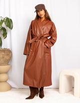 Long faux leather belted coat