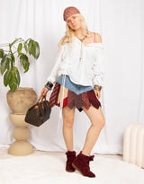Vintage customized upcycled tie denim v shape mini skirt