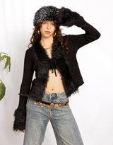 Faux fur trim tie front cardigan