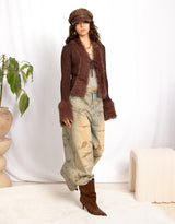 Faux fur trim tie front cardigan