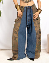 Vintage customized upcycled camouflage denim Levi's wide leg trousers