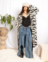 Long zebra faux fur coat