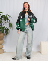 Oversized vegan leather motor race bomber jacket