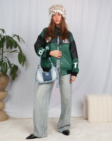 Oversized vegan leather motor race bomber jacket