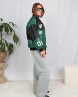 Oversized vegan leather motor race bomber jacket