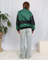 Oversized vegan leather motor race bomber jacket