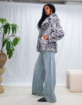 Printed faux fur midi coat