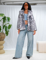 Printed faux fur midi coat