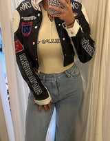 Cropped motor race jacket with patches