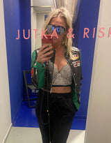 Cropped motor race jacket with patches