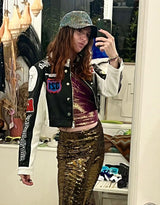 Cropped motor race jacket with patches