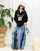 Oversized rugby with lace panels top