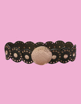 Vegan leather big round buckle belt