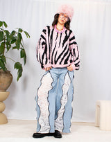 Zebra print wool blend balloon sleeves sweater