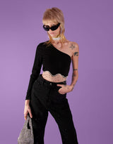 Strass fringe one shoulder crop top