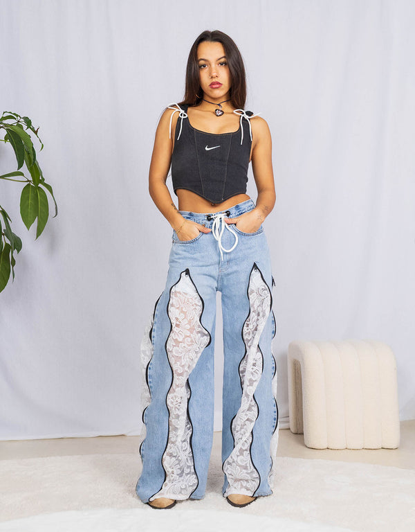 Vintage customized lace zipper jeans
