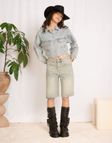 Sparkly cropped raw edge denim jacket