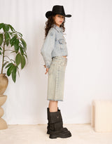 Sparkly cropped raw edge denim jacket