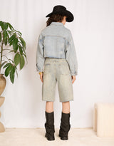 Sparkly cropped raw edge denim jacket