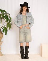 Sparkly cropped raw edge denim jacket
