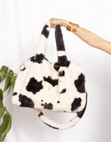 Cow print faux fur tote bag