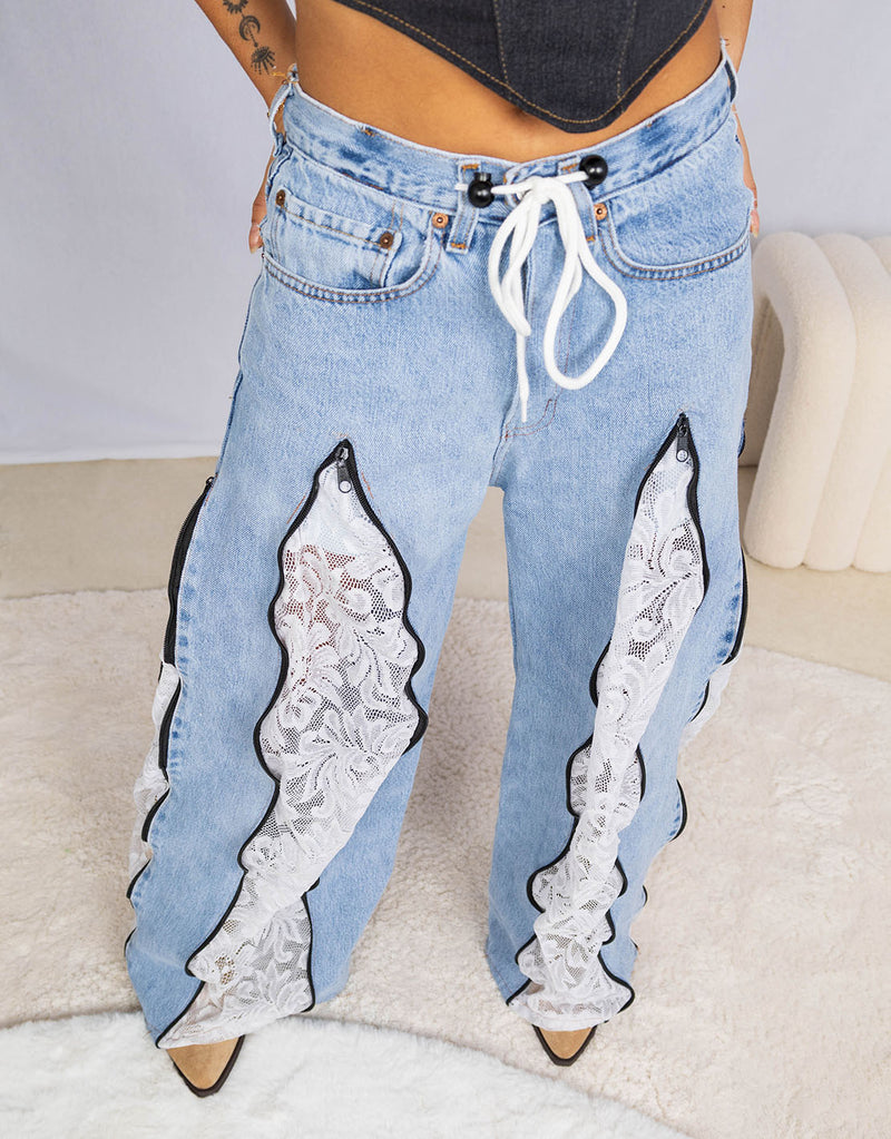 Vintage customized lace zipper jeans