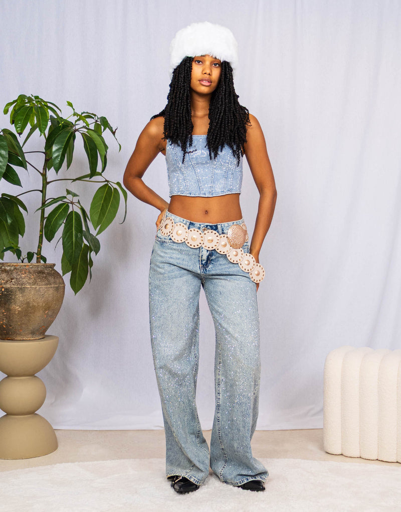 Vegan leather big round buckle belt