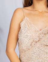 Sequined lace asymmetric slip dress