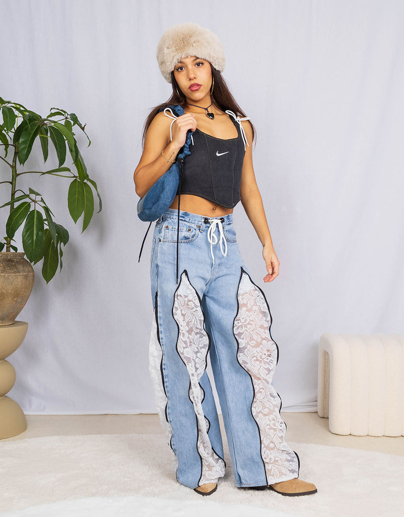 Vintage customized lace zipper jeans