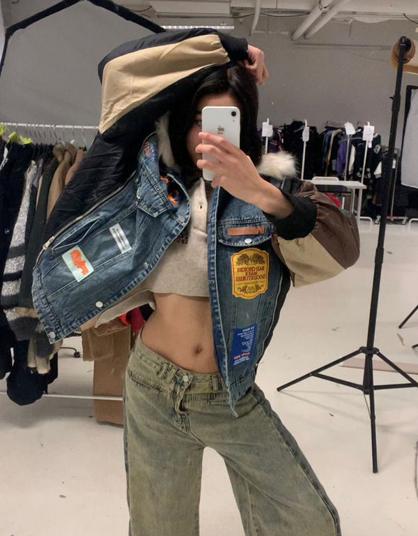 Bomberjacket with denim detail and patches
