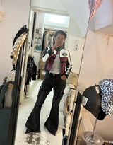 Buckle belt detail washed flared jeans