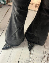 Buckle belt detail washed flared jeans