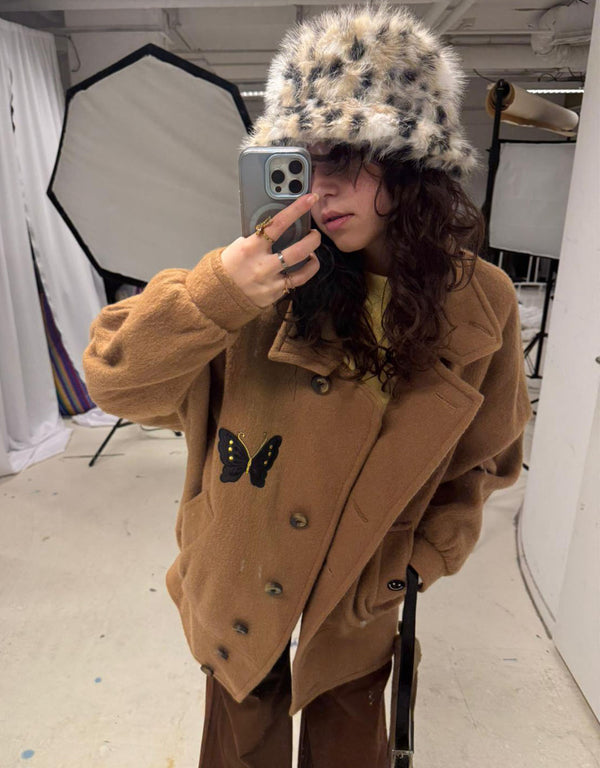Fluffy faux fur leopard print bucket hat