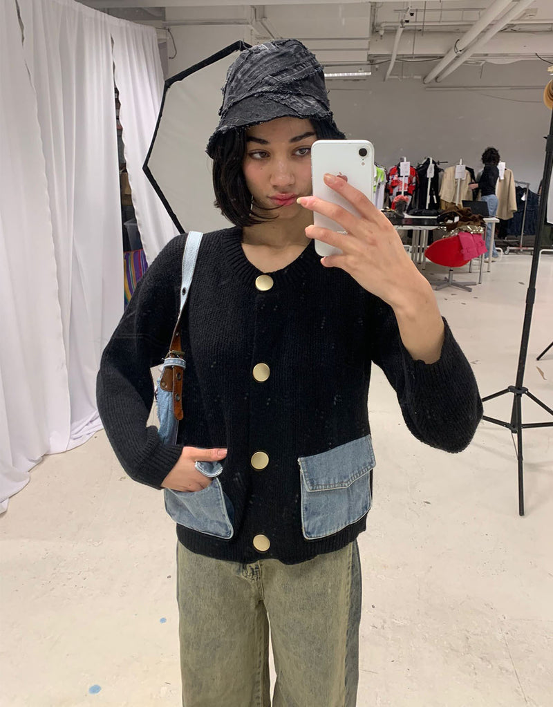 Cardigan with denim pockets